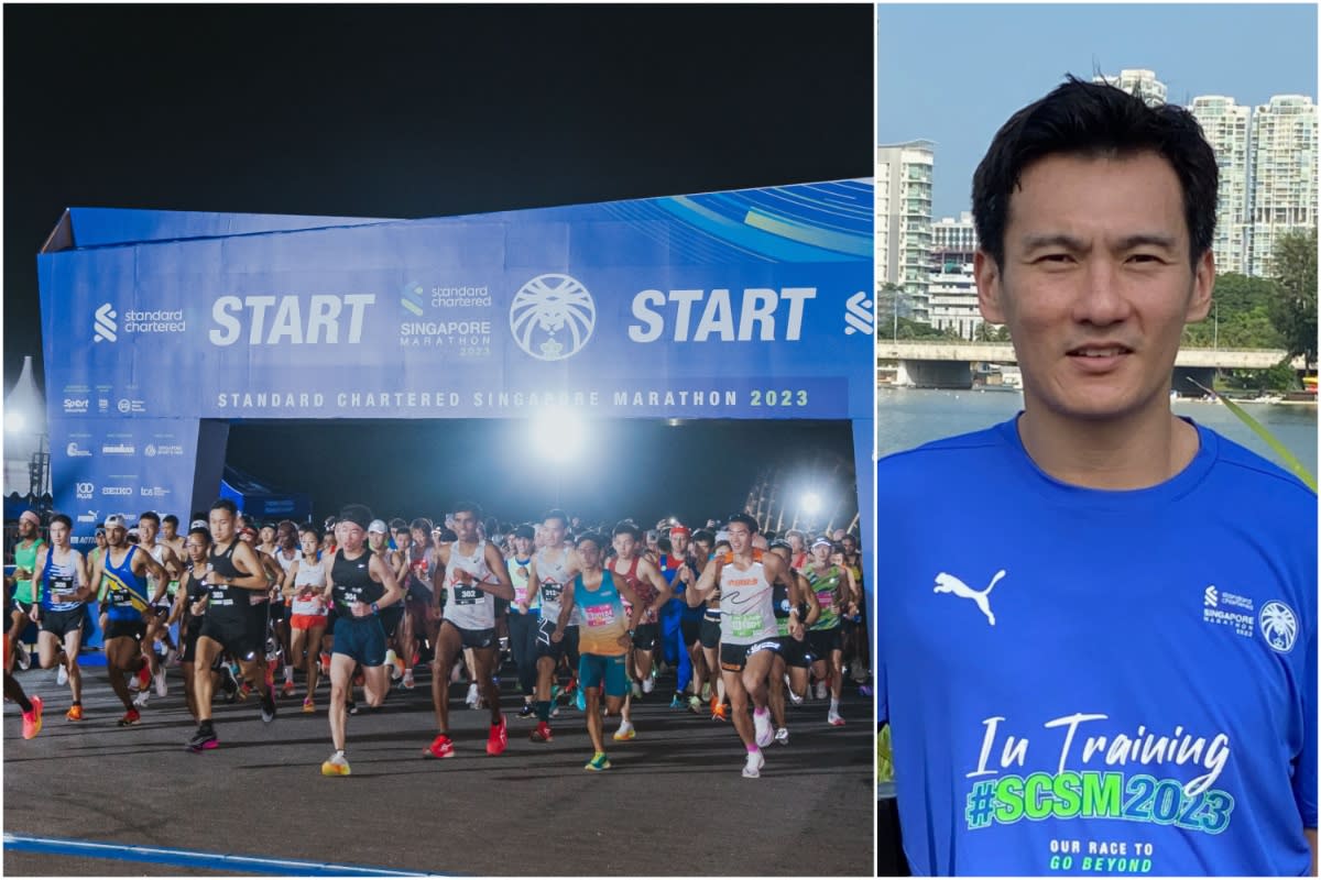 Para-athlete Zac Leow (right) smashed the Guinness world-record time in the CI1 (men) para-classification, clocking 4hr 51min 59sec at the 2023 Standard Chartered Singapore Marathon. (PHOTO: The IRONMAN Group/Yahoo News Singapore)