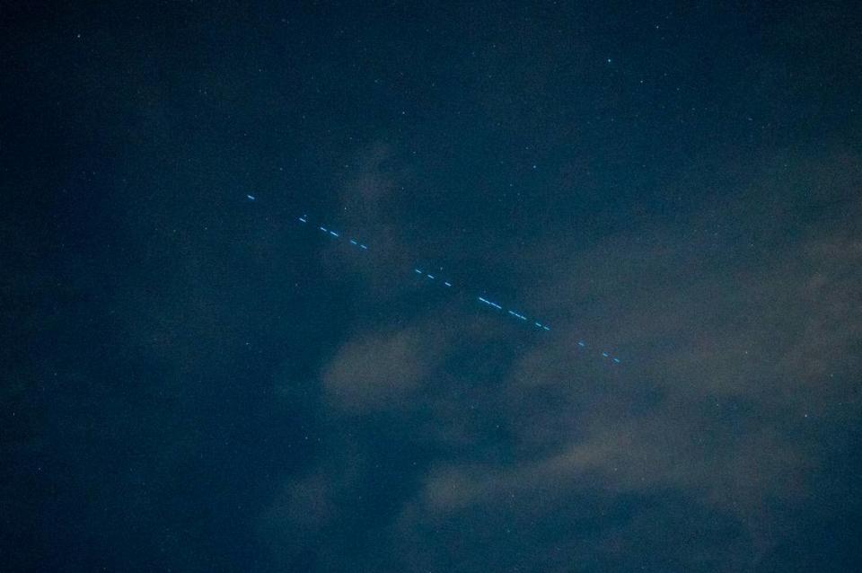 The Starlink satellites from Elon Musk’s spacecraft company, SpaceX, streak across the sky over the Sacramento region Thursday.