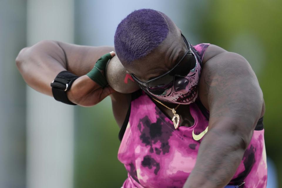 Raven Saunders competes in the women's shot put final during the U.S. Track and Field Olympic Team Trials Saturday, June 29, 2024, in Eugene, Ore. (AP Photo/George Walker IV)