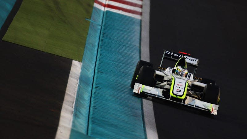 A photo of the green and white Brawn GP Formula 1 car. 