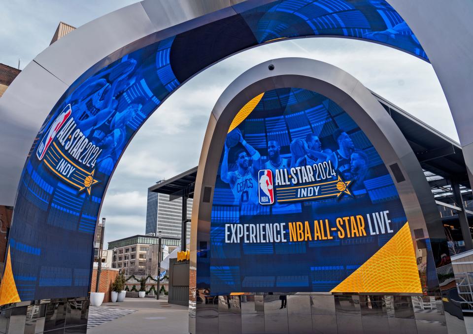 Signs of the upcoming NBA All-Star Game are seen in downtown Indianapolis Thursday, Feb. 1, 2024. Videos and photos move on the Bicentennial Unity Plaza by Gainbridge Fieldhouse.