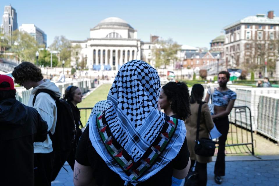 This was the scene Tuesday at Columbia, where Palestinian symbols are at the center of the anti-Israel protest, despite Hamas’ record as mass murderers. AFP via Getty Images