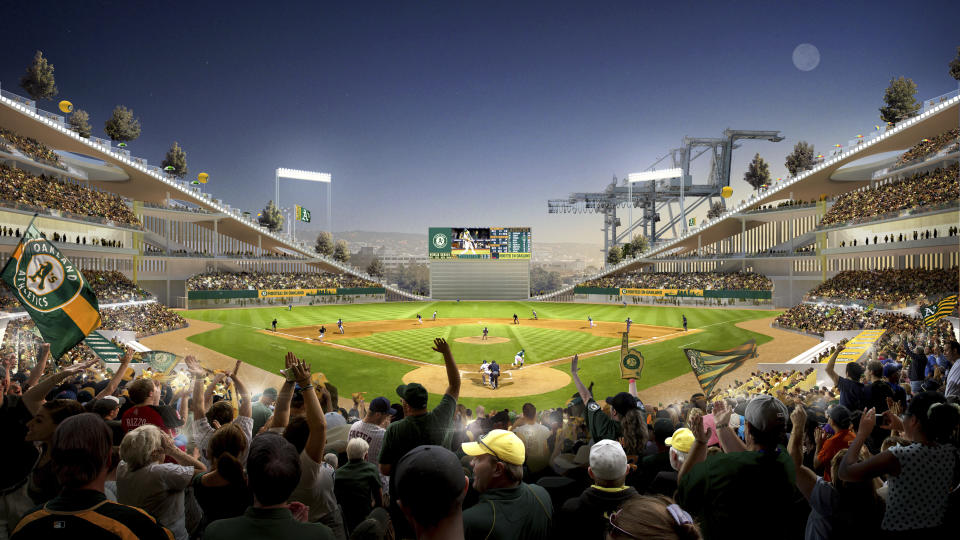 This artists rendering provided by BIG/Oakland A's show the proposed stadium for the Oakland Athletics baseball team in Oakland, Calif. The Oakland Athletics have spent years trying to get a new stadium while watching Bay Area neighbors the Giants, Warriors, 49ers and Raiders successfully move into state-of-the-art venues, and now time is running short on their efforts. (BIG/Oakland A's via AP)