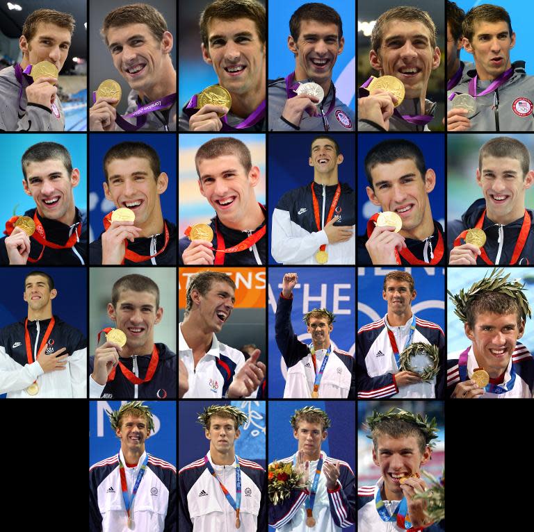 Collection of photos shows US swimmer Michael Phelps with the 22 medals (18 gold, 2 silver, 2 bronze) he won during the Olympic Games in Athens, Beijing and London