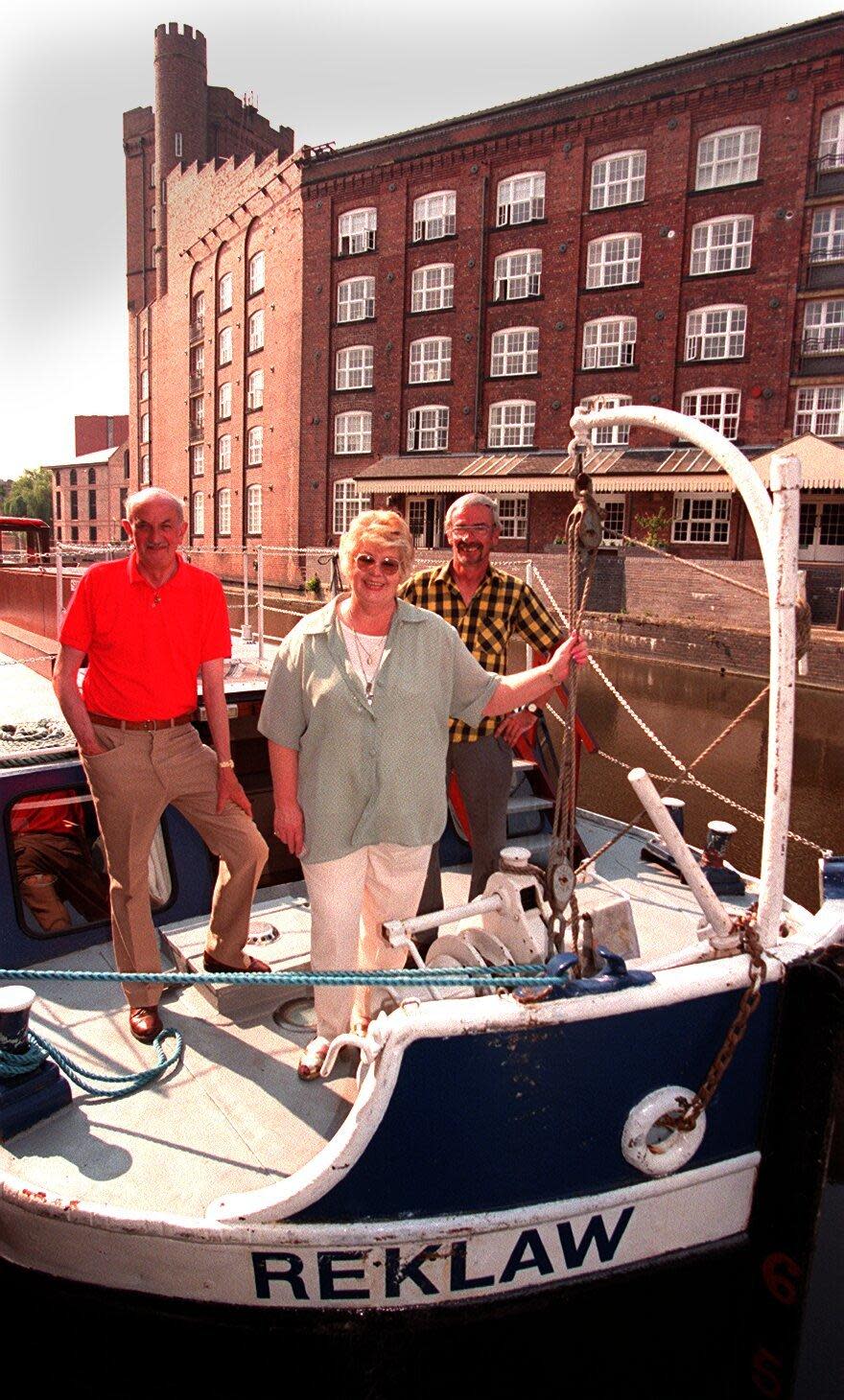 York Press: 1997: Evening Press managing director, Anne Blood welcomes Reklaw to its new berth behind the Walmgate Offices, York. With (l-r) Peter Pink and Patrick Spink.