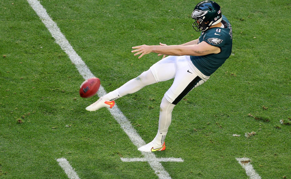 Arryn Siposs, pictured here in action for the Philadelphia Eagles in the Super Bowl.