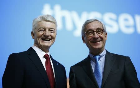 ThyssenKrupp supervisory board chairman Ulrich Lehner and CEO Heinrich Hiesinger pose during the company's annual shareholders meeting in Bochum, Germany, January 27, 2017. REUTERS/Thilo Schmuelgen