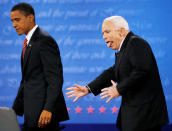 <p>Republican presidential nominee Sen. John McCain reacts to almost heading the wrong way off the stage after shaking hands with Democratic presidential nominee Senator Barack Obama at the conclusion of their final 2008 presidential debate at Hofstra University in Hempstead, N.Y., Oct. 15, 2008. (Photo: Jim Bourg/Reuters) </p>