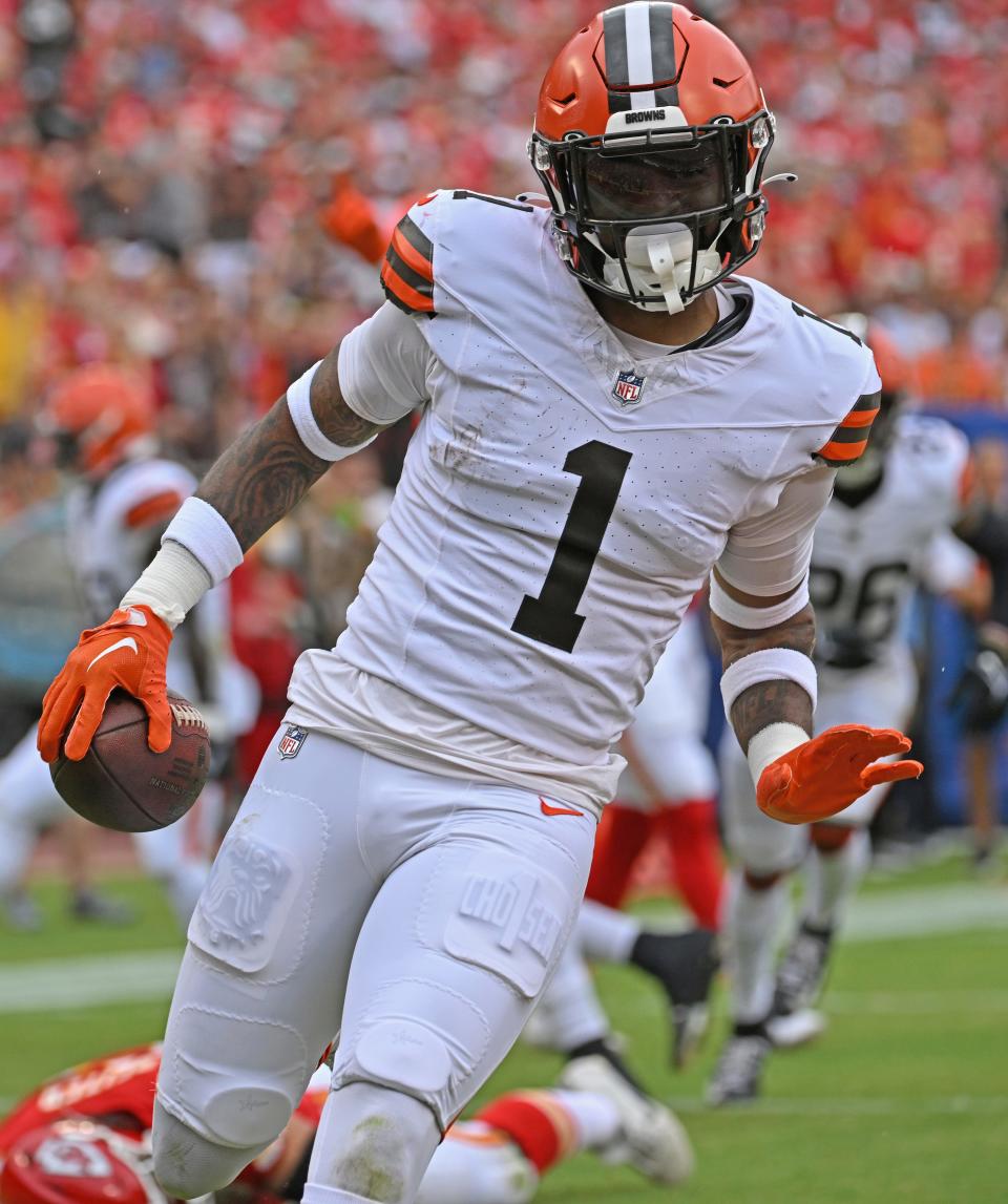 Browns safety Juan Thornhill reacts after returning an interception for a touchdown at the Kansas City Chiefs, Saturday, Aug. 26, 2023.