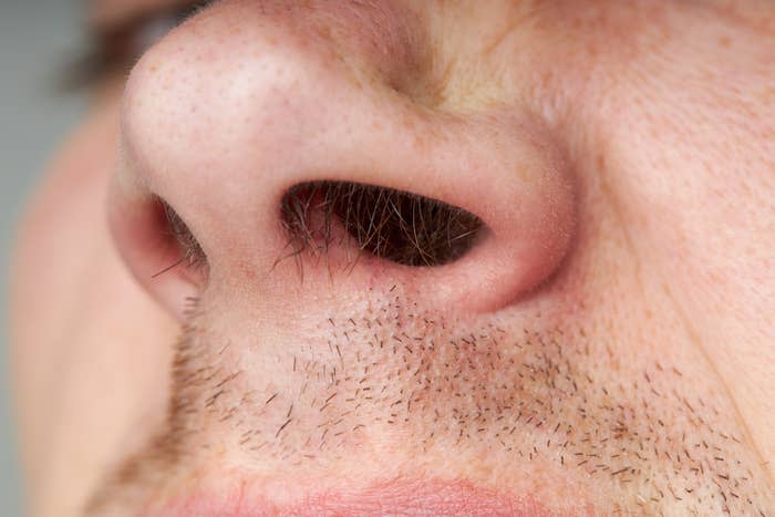 Close-up of a man's nostrils and upper lip, showing nose hair and stubble