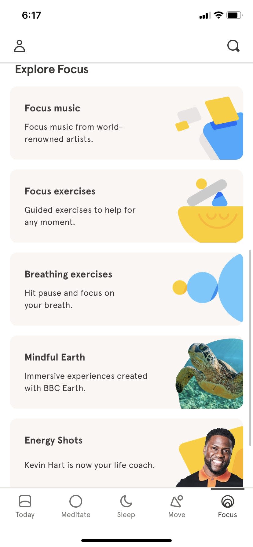 five panels of focus-promoting activities in a screenshot of the meditation app Headspace