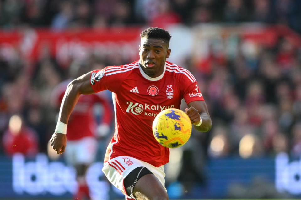 Taiwo Awoniyi of Nottingham Forest during the Premier League match between Nottingham Forest and Aston Villa at the City Ground, Nottingham on Sunday 5th November 2023. (Photo by Jon Hobley/MI News/NurPhoto via Getty Images)