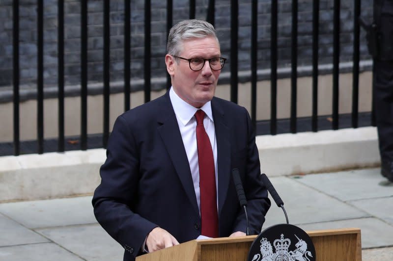 Newly appointed British Prime Minister Sir Keir Starmer delivers his first speech to the nation outside No.10 Downing Street in London on Friday. Photo by Hugo Philpott/UPI