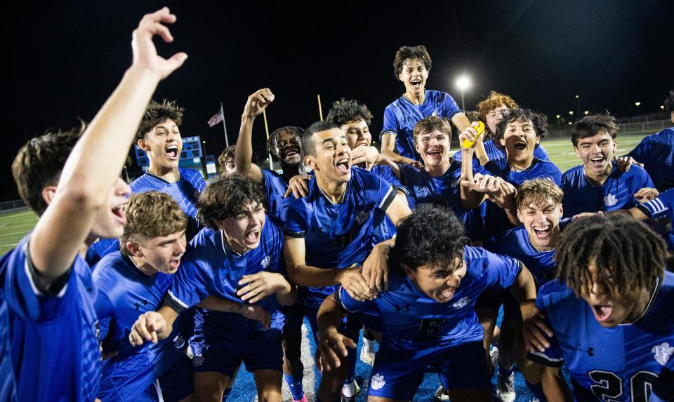 The Barron Collier boys soccer team celebrates a win over Naples in the CCAC Championships at Barron Collier onFriday, Jan. 5, 2024.