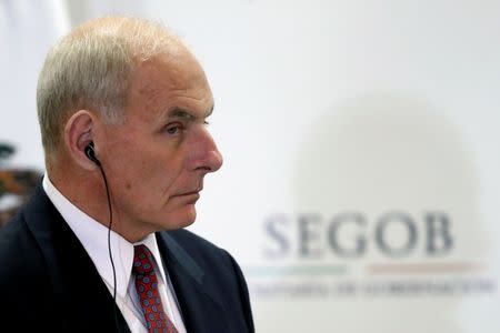 U.S. Secretary of Homeland Security John Kelly looks on as he listens to Mexico's Interior Minister Miguel Angel Osorio Chong (not pictured) delivering a joint message at the Secretary of Interior Building in Mexico City, Mexico, July 7, 2017. REUTERS/Edgard Garrido