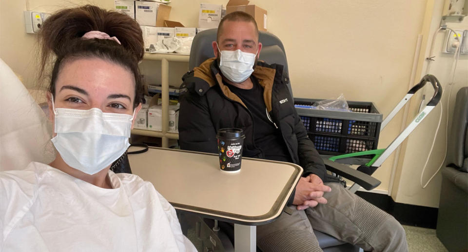 Natalie Panarello and her partner Andrew Ryan in hospital. 