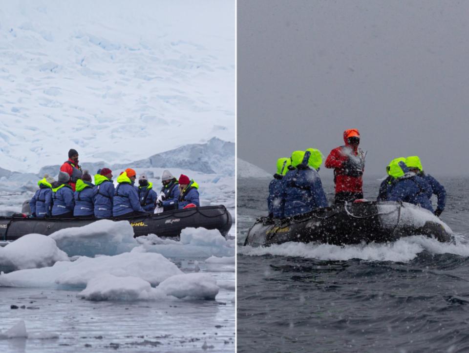 Taken 25 minutes apart, the photo on the left shows sunny skies and mountains in view. The photo on the right is blizzard conditions with clouds and snow blocking the scenery.