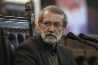 FILE - In this Dec. 1, 2019 file photo, Parliament Speaker Ali Larijani gives a press conference in Tehran, Iran. Iran's parliament said Thursday, April 2, 2020 that speaker Ali Larijani has tested positive for the new coronavirus and is in quarantine. (AP Photo/Vahid Salemi, File)