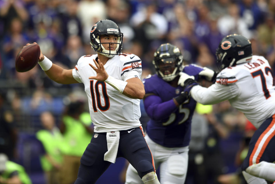 Chicago Bears quarterback Mitchell Trubisky attempted just 16 passes against the Ravens, completing only eight. (AP)