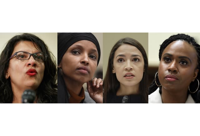 Rashida Tlaib, left, Ilhan Omar, Alexandria Ocasio-Cortez and Ayanna Pressley