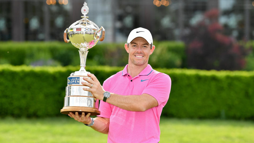 Rory McIlroy holds the trophy after his win in the 2023 RBC Canadian Open