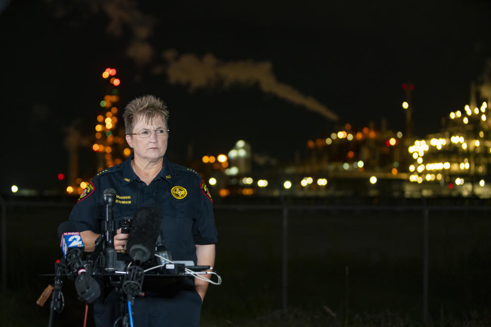 Chemical Plant Leak-Texas Harris County Fire Marshal Laurie Christensen speaks near the LyondellBasell facility in La Porte, Texas Tuesday, July 27, 2021. An explosion Tuesday evening killed two people at the facility and left several others injured according to Christensen. (Mark Mulligan/Houston Chronicle via AP)