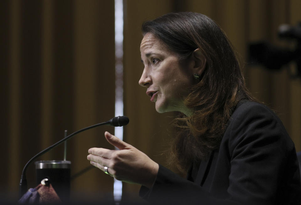 President-elect Joe Biden’s pick for national intelligence director Avril Haines speaks during a confirmation hearing before the Senate intelligence committee on Tuesday, Jan. 19, 2021, in Washington. (Joe Raedle/Pool via AP)