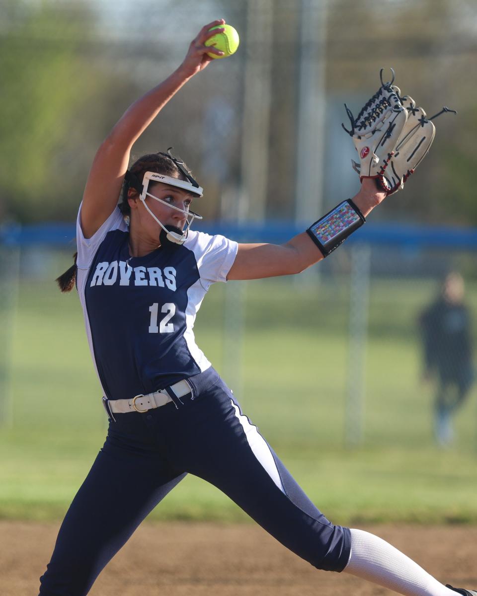 Rootstown pitcher Shelbie Krieger delivers a pitch from the mound during Monday’s game against the Mogadore Wildcats.