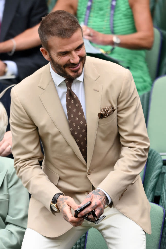 LONDON, ENGLAND - JULY 05: David Beckham attends day three of the Wimbledon Tennis Championships at All England Lawn Tennis and Croquet Club on July 05, 2023 in London, England. (Photo by Karwai Tang/WireImage)