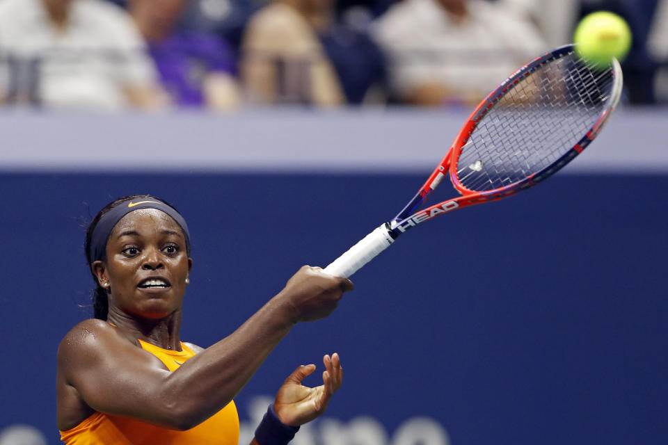 Sloane Stephens, of the United States, watches a return to Elise Mertens, of Belgium, during the fourth round of the U.S. Open tennis tournament Sunday, Sept. 2, 2018, in New York. (AP Photo/Adam Hunger)