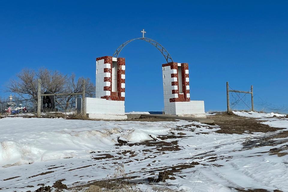 The Wounded Knee Memorial, which marks the site of the massacre of hundreds of Lakota people by U.S. soldiers in 1890, is seen on Feb. 10, 2023, in Wounded Knee, S.D.