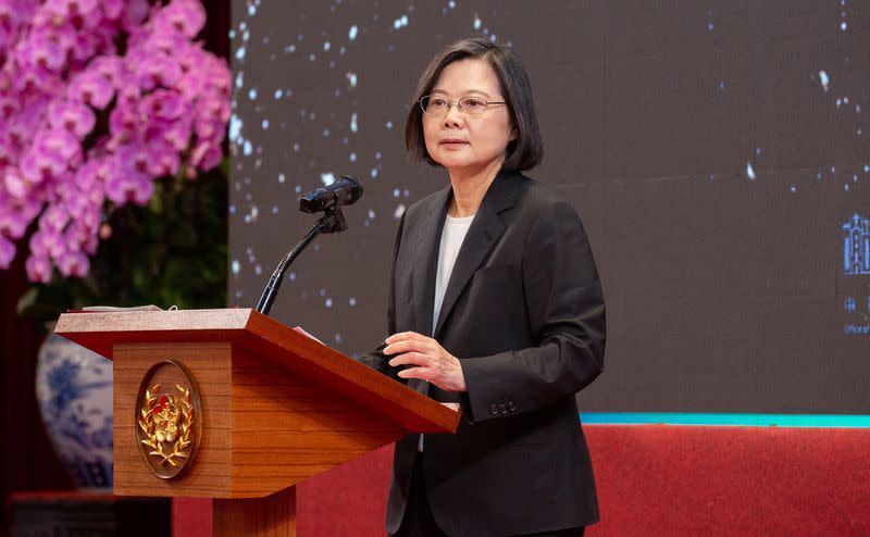 Taiwan President Tsai Ing-wen delivers a speech on the day of her seventh year anniversary since she held office in Taipei