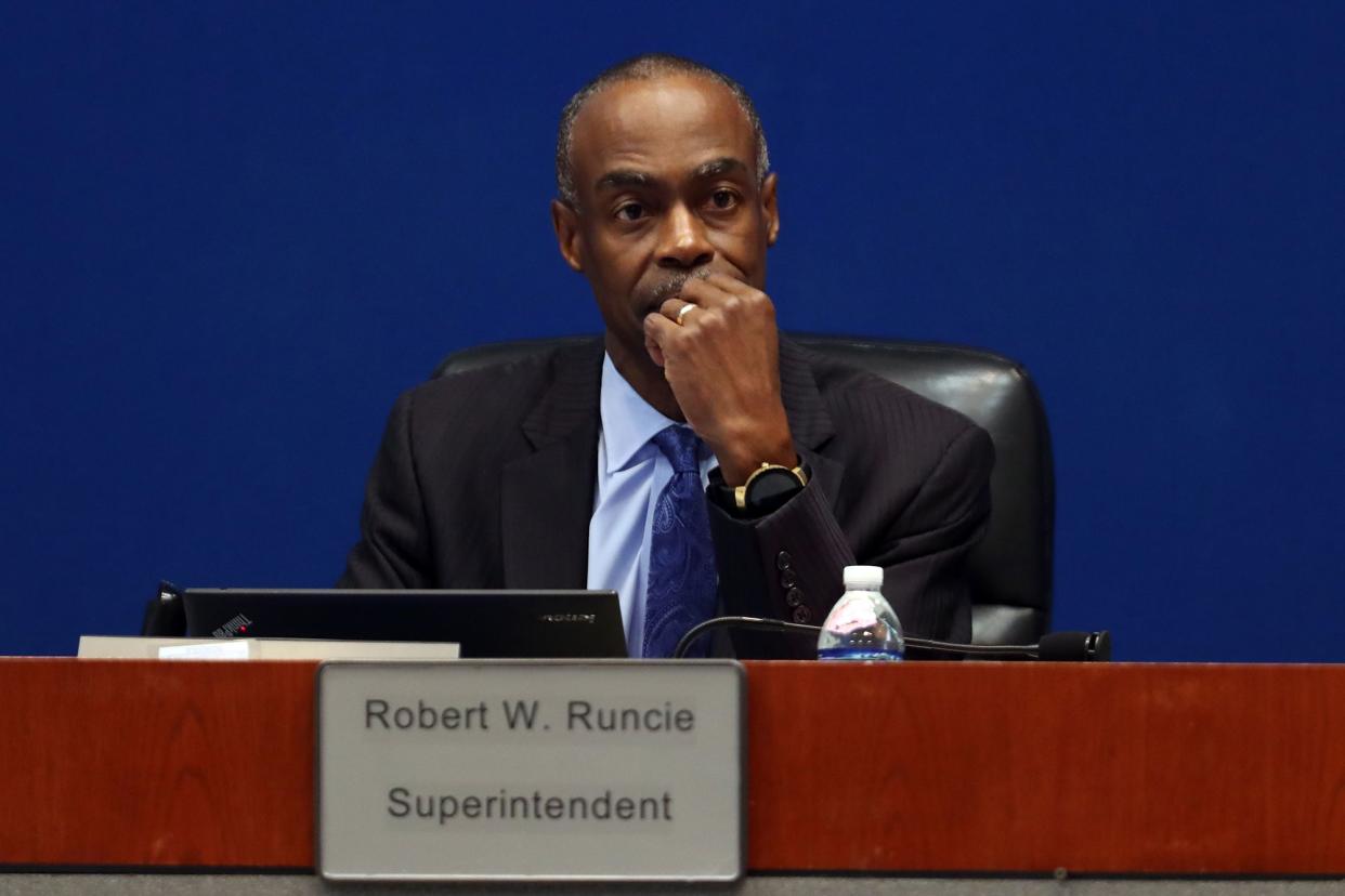 Broward County School District Superintendent Robert Runcie is shown at a school board meeting in 2019.