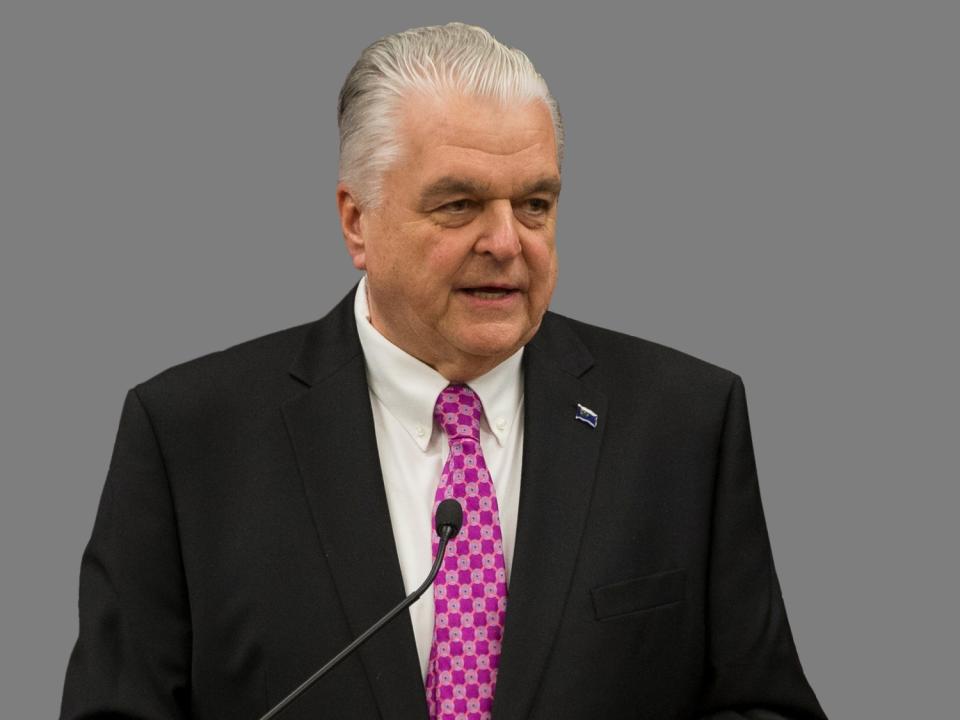 Steve Sisolak headshot, as Nevada governor, graphic element on gray