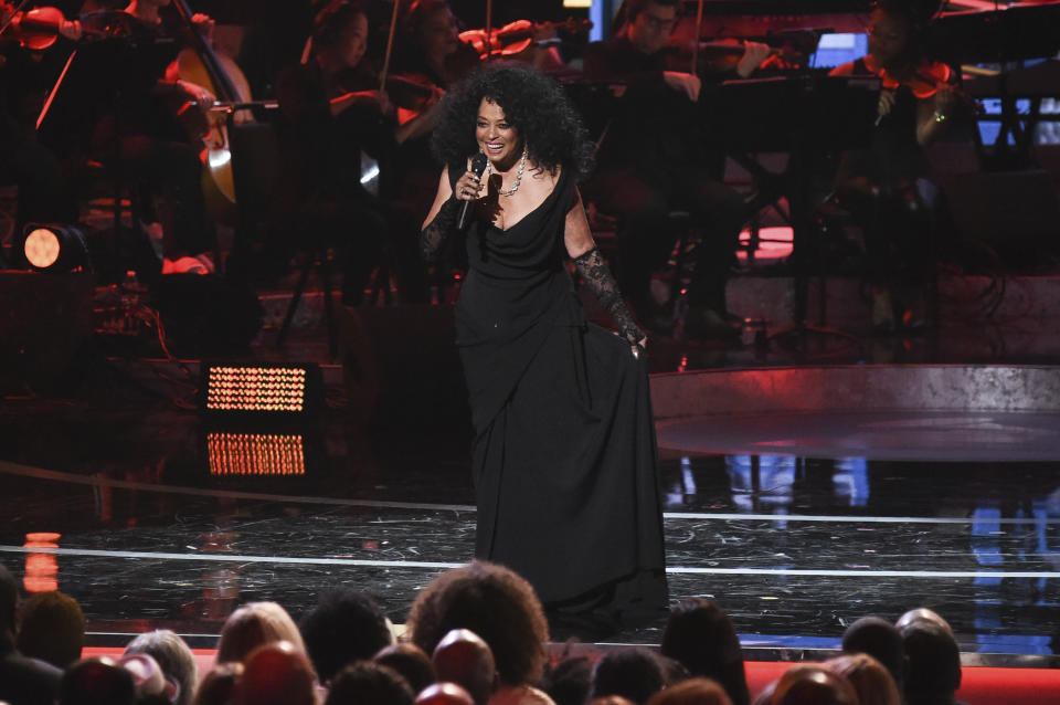 FILE - In this Feb. 12, 2019 file photo, Diana Ross performs during Motown 60: A GRAMMY Celebration at the Microsoft Theater in Los Angeles. Motown Records founder Berry Gordy says his historic label brought people from all walks of life through a "legacy of love" at the "Motown 60: A Grammy Celebration" during a taped tribute that will air April 21 on CBS. (Photo by Richard Shotwell/Invision/AP, File)