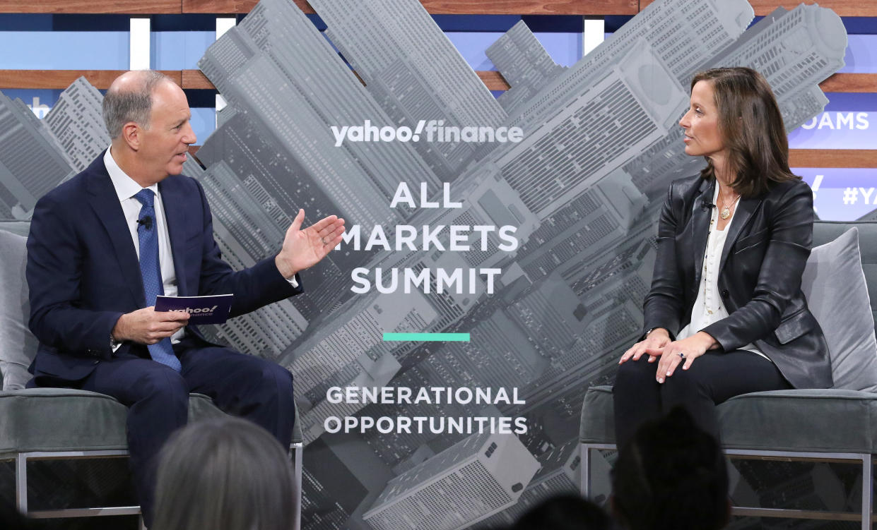 NEW YORK, NEW YORK - OCTOBER 10: Moderator Andrew Serwer and president of NASDAQ Adena Friedman attend the Yahoo Finance All Markets Summit at Union West Events on October 10, 2019 in New York City. (Photo by Jim Spellman/Getty Images)