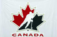 FILE - A giant jersey with a Hockey Canada logo is displayed at the CIS All-Stars exhibition hockey game in Calgary, Alberta, on Tuesday, Dec. 13, 2011. Hockey is bracing for the next development in a scandal that has rocked the sport and led to multiple investigations into the actions of several prominent NHL players who were on Canada's gold-medal winning 2018 world junior team. Police in London, Ontario, scheduled a news conference for Feb. 5, 2024, to provide details about its sexual assault investigation involving members of Canada's world junior team. (Nathan Denette/The Canadian Press via AP, File)