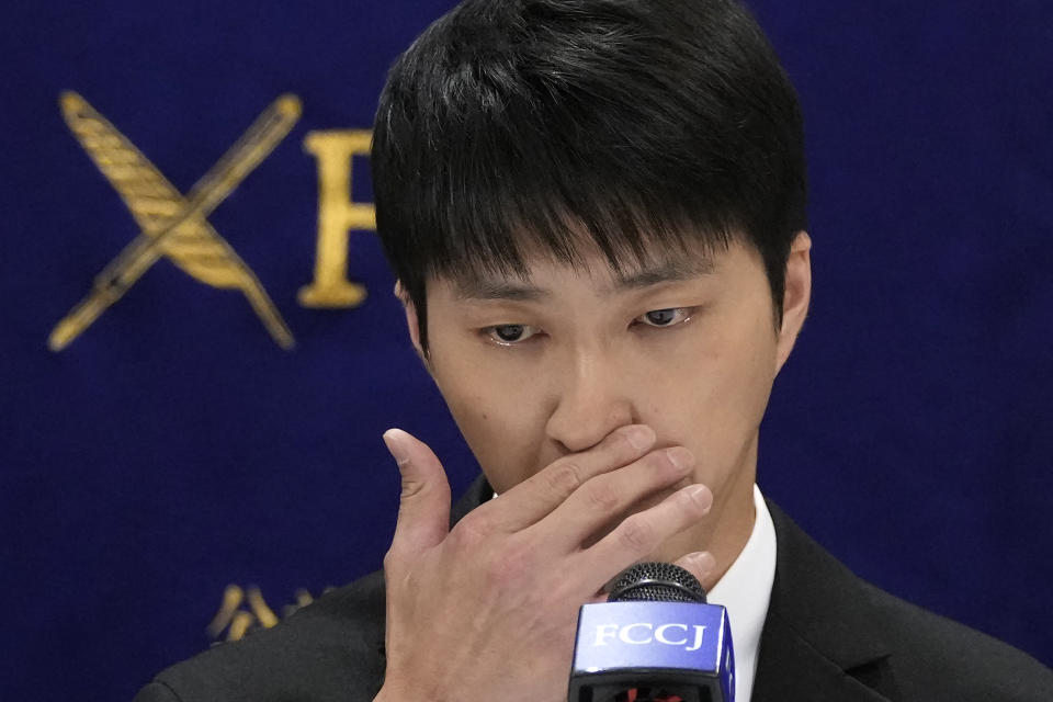 Taiwanese table tennis player Chiang Hung-chieh, former husband of Ai Fukuhara, Japanese table tennis star, gestures during a news conference at the Foreign Correspondents' Club of Japan (FCCJ) in Tokyo, Japan, Thursday, July 27, 2023. Japan’s once beloved table tennis star Ai Fukuhara is at the center of a child custody feud following the break-up of her marriage to a Taiwanese player who was also a star in the sport in his country. (AP Photo/Shuji Kajiyama)