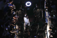 Anthony Joshua of Britain arrives for his fight with Oleksandr Usyk of Ukraine before their WBA (Super), WBO and IBF boxing title bout at the Tottenham Hotspur Stadium in London, Saturday, Sept. 25, 2021. (AP Photo/Frank Augstein)