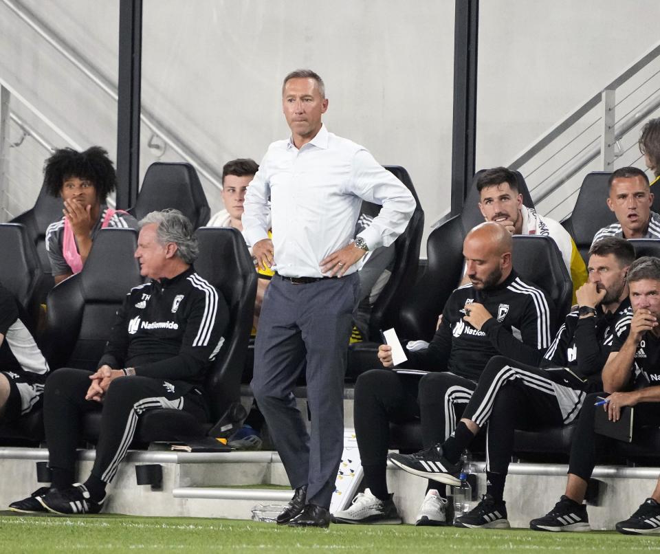 Jul 3, 2022; Columbus, Ohio, USA; Columbus Crew head coach Caleb Porter watches his team in the 2nd half during their MLS game between the Columbus Crew and the Philadelphia Union at Lower.com Field in Columbus, Ohio on July 3, 2022. 
