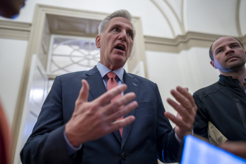 Speaker of the House Kevin McCarthy, R-Calif., speaks to reporters at the Capitol in Washington, Wednesday, May 24, 2023. (AP Photo/J. Scott Applewhite)