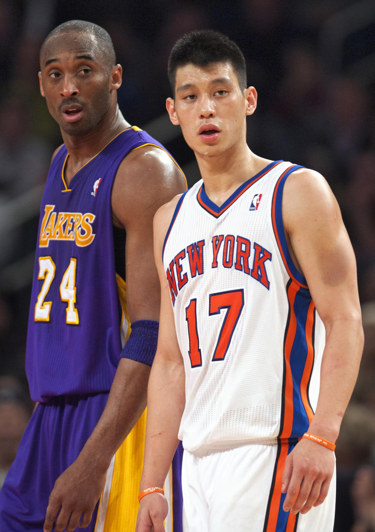 New York Knicks' guard Jeremy Lin and Los Angeles Lakers' guard Kobe Bryant at New York's Madison Square Garden in 2012. (Photo: REUTERS/Ray Stubblebine)