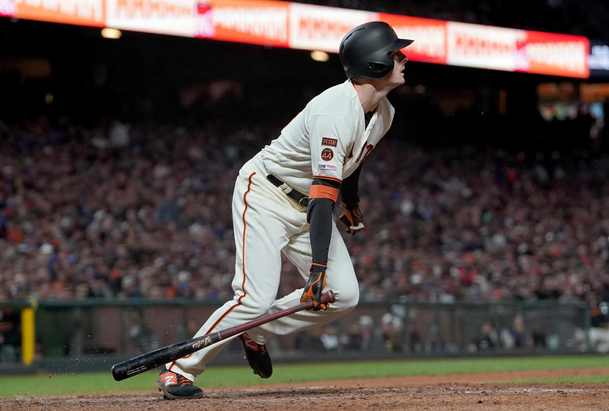 SAN FRANCISCO, CA - JULY 23:  Mike Yastrzemski #5 of the San Francisco Giants bats against the Chicago Cubs in the bottom of the 11th inning at Oracle Park on July 23, 2019 in San Francisco, California.  (Photo by Thearon W. Henderson/Getty Images)