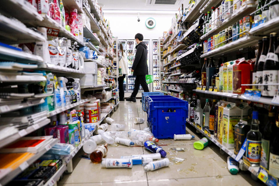 Scattered goods caused by an earthquake are seen at a convenience store in Sendai, Miyagi prefecture, Japan on March 17, 2022. (Kyodo via Reuters)