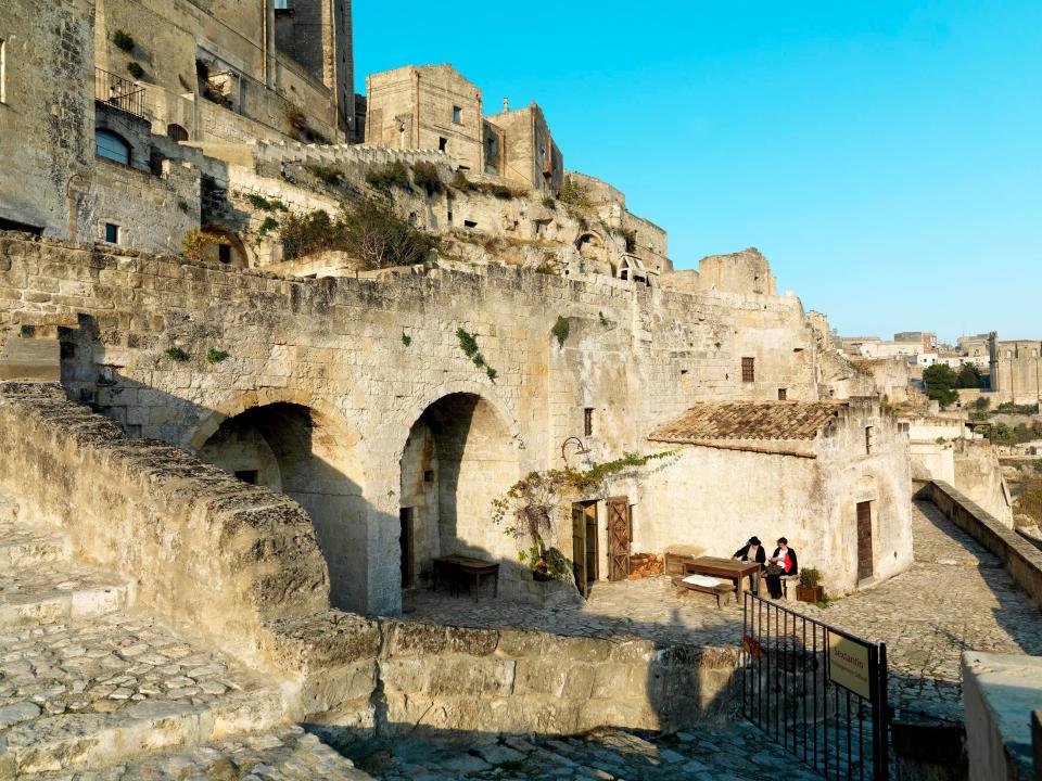 Outside Sextantio Le Grotte della Civita, converted from 9,000-year-old stone structures.