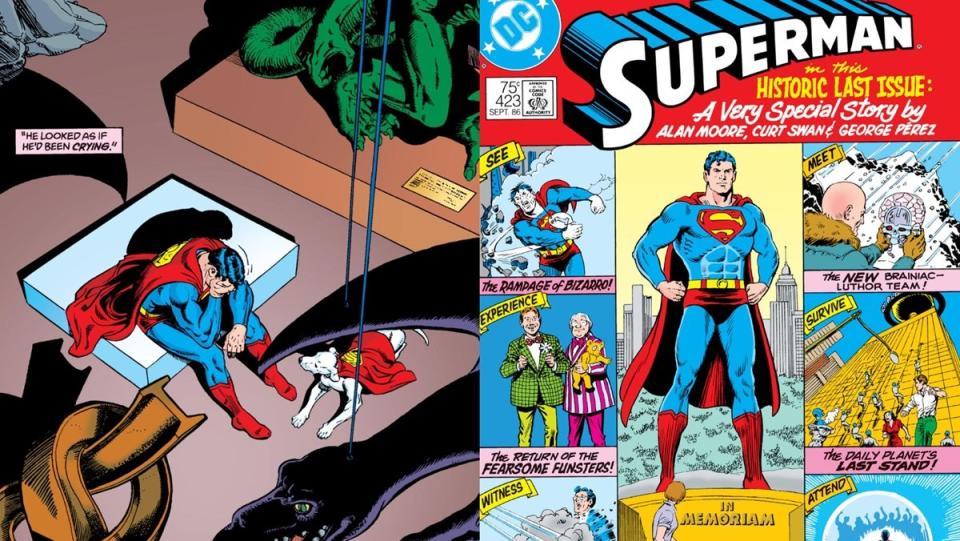 Interior and cover art for Superman #423, Alan Moore's "Whatever Happened to the Man of Tomorrow." Art by Curt Swan and George Perez.