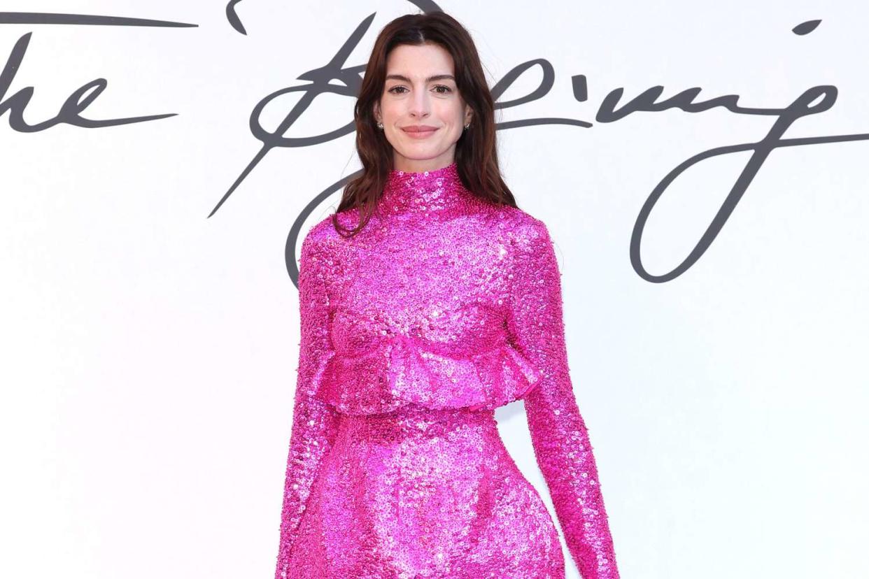 ROME, ITALY - JULY 08: Anne Hathaway is seen arriving at the Valentino Haute Couture Fall/Winter 22/23 fashion show on July 08, 2022 in Rome, Italy. (Photo by Daniele Venturelli/WireImage)