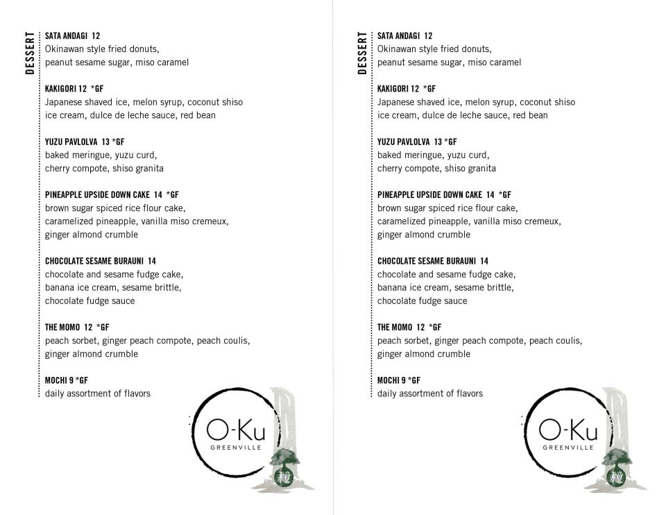O-Ku Greenville opening day dessert menu