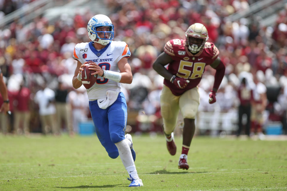 JACKSONVILLE, FL - AUGUST 31: Boise State Broncos quarterback Hank Bachmeier (19) scrambles during the game between the Boise State Broncos and the Florida State Seminoles on August 31, 2019 at Doak Campbell Stadium in Tallahassee, Fl. (Photo by David Rosenblum/Icon Sportswire via Getty Images)