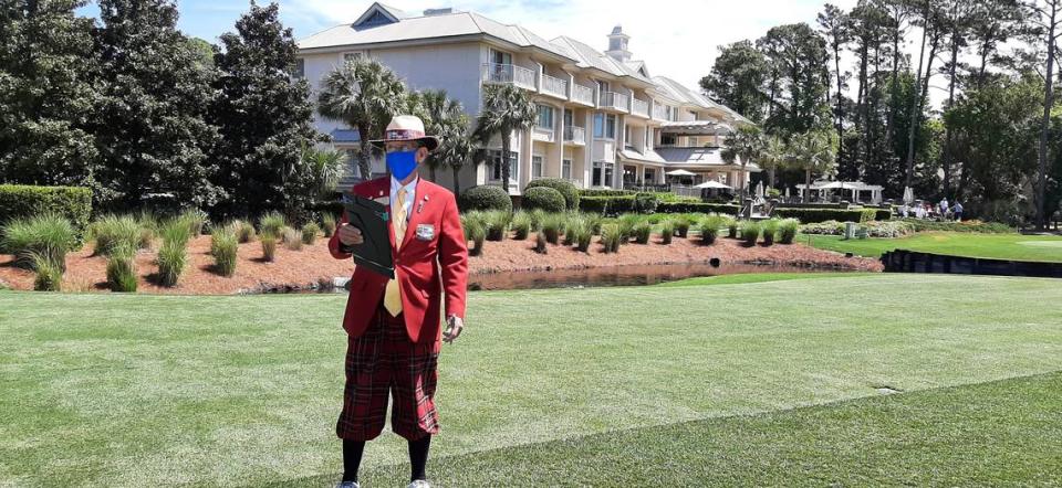 Henry Pratt, 80, announces Matt Wallace and Charley Hoffman on the first tree Saturday at the RBC Heritage. This is Pratt’s 27th year as a tee announcer.